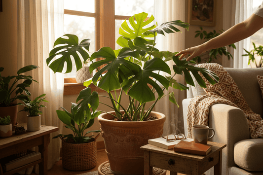 Plante Monstera dans un intérieur lumineux, soulignant son feuillage sculpté et l'ambiance tropicale.