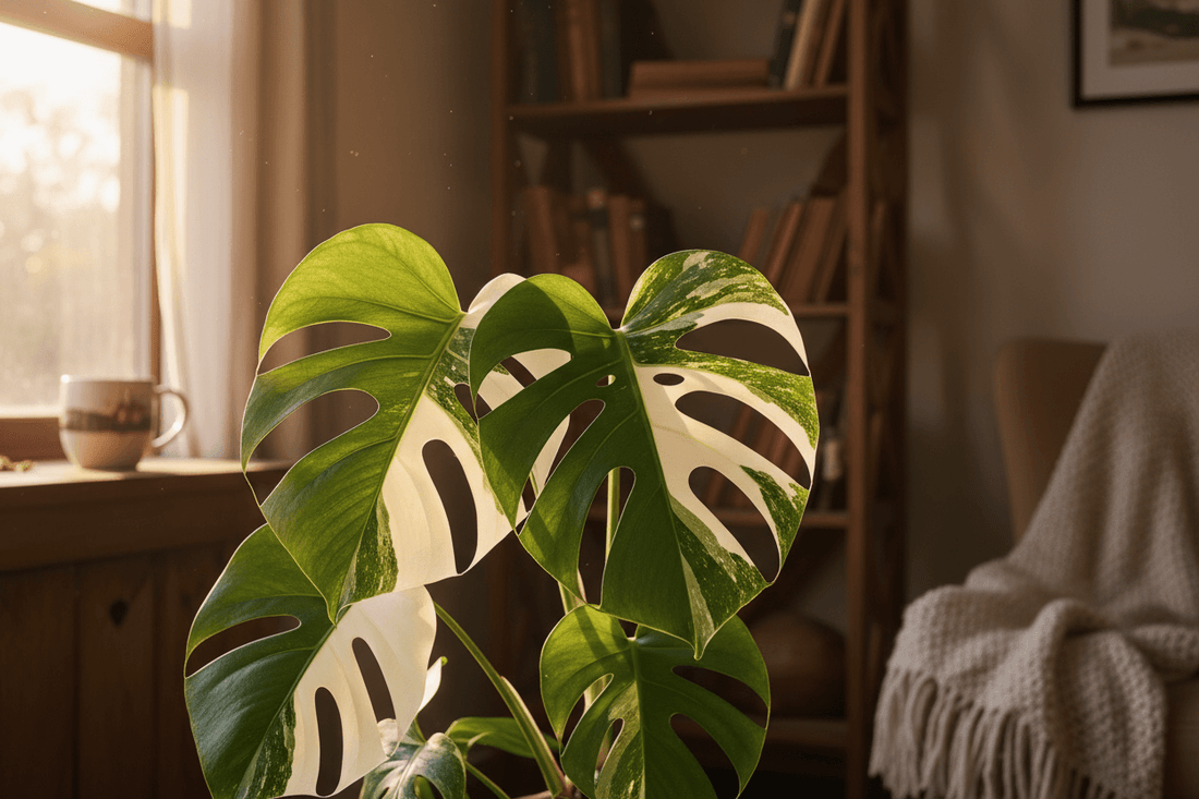 Plante Variegata avec des feuilles uniques et colorées dans un intérieur chaleureux.
