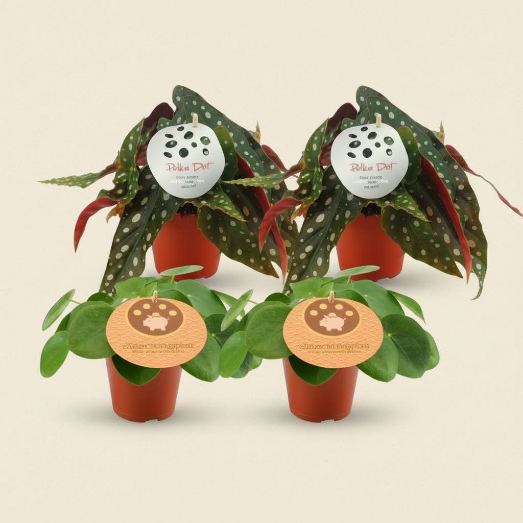 Lot 2x Pilea Peperomioides + 2x Begonia Maculata - 20cm